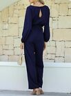 Women s Dressy Long Sleeve Belted Wide Leg Pant Romper Jumpsuit Sz Xl Navy Blue