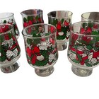 Christmas Low Ball 7 Thick Footed Glasses Holly Red Ribbon Wreath Candles Green