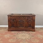 Antique Gothic Revival Oak Chest Trunk Carved Panels   Iron Hinges