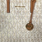 Michael Kors Logo Medium Tote Bag Zip Top Ivory brown Gold Hardware Charm