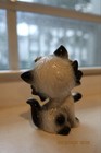 Vintage Kitsch Porcelain Kitten Cat Figurine White W  Gray Accents Blue Eyes