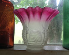 Antique Drape Curtain Pattern Frosted Glass Lamp Shade Ruffled Cranberry Rim
