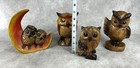 Vintage Wooden Owl Sculptures Hand Carved Painted Set Of 4 Folk Art Mcm 5   -7   