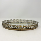 Vintage Hollywood Regency Style Brass Filigree   Glass Mirror Oval Vanity Tray