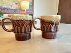 2 Vintage Japan Drip Glaze Coffee Mugs Cup Stackable Retro Carmel And Brown 70   s