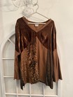 Marisol Brown Floral Patchwork Velour Rayon V-neck Bell Sleeve Tunic Blouse L