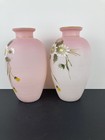 Pair antique Victorian Pink Satin Bristol Glass Vases hand Enameled  Very Nice 