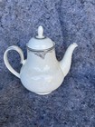 White Glossy Ceramic Coffee Pot W  Lid Handle Gray Scroll Floral Trim