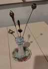 Antique Porcelain Hat Pin Holder   5 Vintage Hatpins Lot Edwardian Art Nouveau