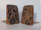 Antique Chinese Early20thc Qing Carved Wood Panel Book Ends Warrior Horse Figure