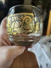 Culver Set Of 8 Clear Glass Rocks Glasses Gold Scroll W  Metal Caddy mid-century