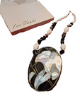 Lee Sands Abalone Mop Inlay Floral Tile Pendant Necklace Black White Beads