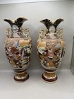 Antique Japanese Satsuma Moriage Pair Figural Dragon Handle Vase 12  Meiji