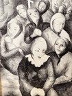 Vintage Original Expressionist Charcoal Drawing Women Spiritual Scene Religious