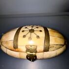 Camel Bone Trinket Box Brass Inlay Hinged Oval 6    Purple Velvet Lining Vintage