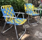 Vintage Webbed Aluminum Lawn Chairs Folding Patio Chairs Blue Yellow Lot Of 2