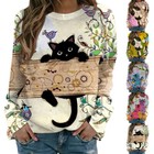 Women Long Sleeve Crew Neck Cat Print T Shirt Tee Loose Tunic Casual Top Blouse