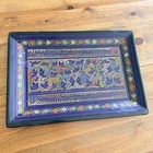 Vtg Mexican Olinala Lacquer Wood Tray Hand Painted Folk Art Birds Floral Blue