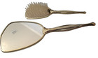 Vintage Victorian Hand Mirror   Brush Gold Tone Embossed Flowers Cottagecore