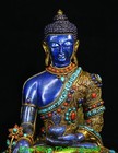 9  Old Tibet Lapis Lazuli Inlaid Turquoise Gold Menla Medicine Buddha Statue