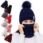 2pc Women Beanie Hat Pom Bobble Scarf Cap Set Knitted Winter Warm Snow Ski Cap