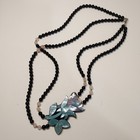 29 13in Lee Sands Mop Rose Flower Black Beaded Necklace Signed Vtg
