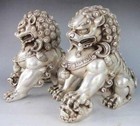 15 5cm Chinese Silver Bronze Fu Foo Dog Guardian Lion Statue Pair
