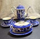 Vintage Blue Willow Tea Set Japan Teapot Cups Saucers Covered Tureen 7pc