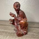 Antique Vtg Asian Man Reading W  Tiger Wooden Carving 6    Tall Statue Wood Ohm