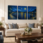 Starry Night River Wall Art Set Of 3 Blue Gold Canvas Cityscape Home Decor