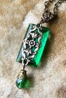 Vintage Necklace Art Nouveau Brass Pendant Antique Green Czech Glass Drop