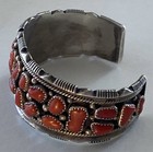 Vintage Signed J m  Haley Wide Silver And 24 Coral Pieces Cuff Bracelet
