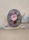 Antique 800 Silver Painted Porcelain Style Pink Rose Brooch Pendant