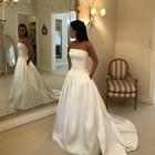 Satin Wedding Dresses Strapless With Pockets Sweep Train A-line Bridal Gowns