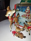 Vintage Zayre Fawn Bells Deer Plastic Figurine Blue Eyes Set 3 Made In Hong Kong