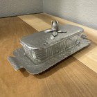 Vintage Rodney Kent Hammered Aluminum Ribbed Glass Butter Dish W tray And Lid