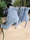 Ultra High Heel Denim Lace Up Peep Toe Stiletto Booties Frayed High Heels