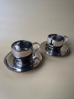Two Vintage Mid Century Modern Stainless Steel Coffee Cups With Saucers  Modern