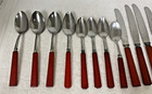 14 Vintage Art Deco Mid Century Red Bakelite Flatware Knives Spoons Forks