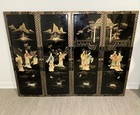 4 Japanese Black Laquer Mother Of Pearl Panels Mural