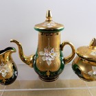 Czech Bohemian Art Glass Tea Pot Cups Saucers Cream Sugar Set Green Gold Flowers