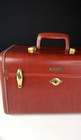 Vintage 1940s Brown Red Train Case Hard Small Suitcase Leather Trim Brass 1950s