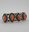 Vintage Navajo Sterling Silver Mediterranean Red Coral 5 Stone Row Cuff Bracelet