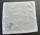 A  Vintage Hankie Blue Monogram M Madeira Style Hand Embroidered Wedding Bride
