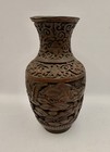 Vintage Chinese Red Cinnabar Fine Hand Carved Lacquer Vase Detailed 6 75    Tall