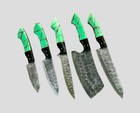 5-piece Handmade Damascus Steel Kitchen Knife Set Featuring green Resin Handles