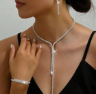 Bridal Prom Crystal Necklace Set Bracelet Earrings Silver Elegant Jewelry Set