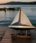 Vintage Pond Yacht Wood Toy  Sailboat On Stand Collectible Antique Euc
