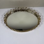 Vintage Oval Gold Tone Mirror Vanity Tray Hollywood Regency 12x9 Filigree Mcm