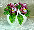 Handmade Beaded Violets Flowers Bouquet Arrangement In 6    Limoges France Basket